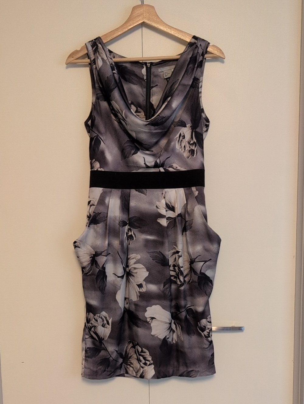 Sleeveless Black & Gray Floral Cowl Neck Dress